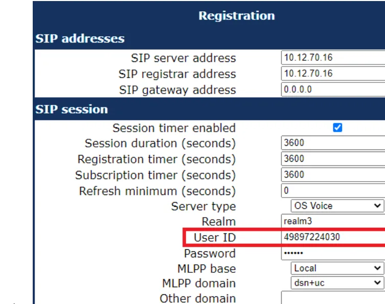 The Registration page in the web interface: SIP addresses, Server type, User ID, Password