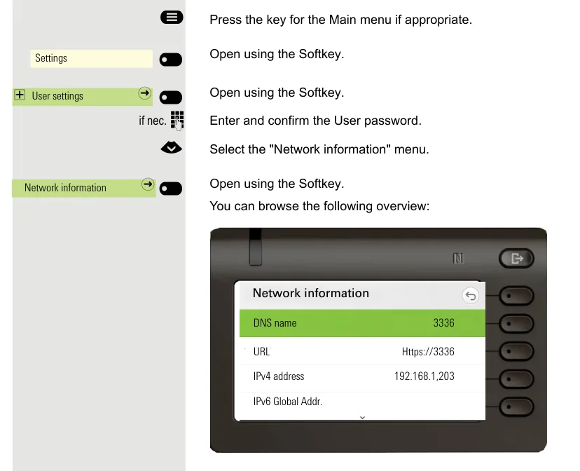 Network information menu on a Unify phone showing the IPv4 address line