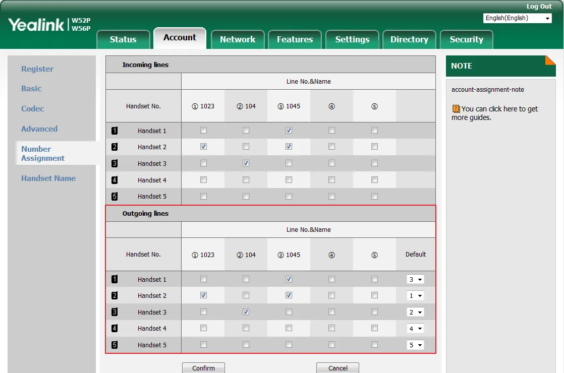 The Account → Number Assignment page: incoming and outgoing lines per handset
