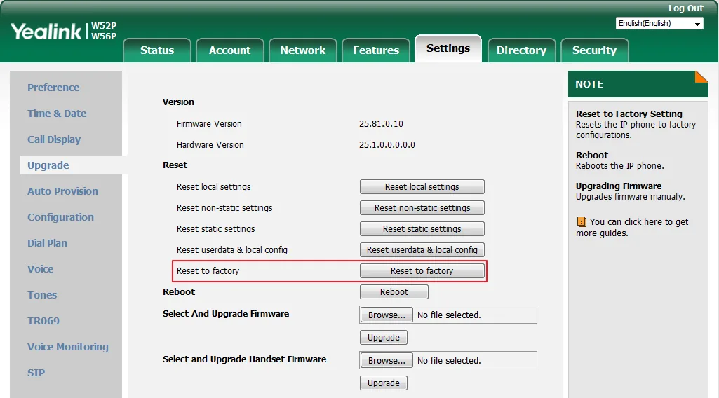The Settings → Upgrade page with the Reset to factory button