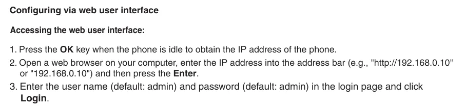 Yealink Quick Start Guide: press OK to get the IP, open the address in a browser, log in with admin/admin