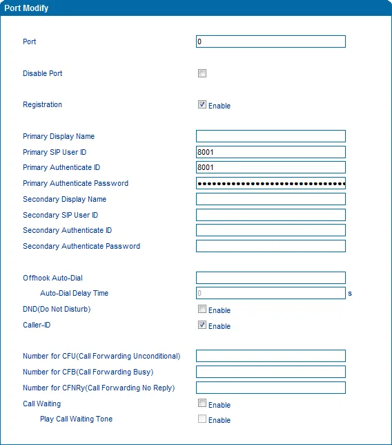 The Port Modify dialog of a Dinstar DAG gateway: Registration Enable, Primary Display Name, Primary SIP User ID, Primary Authenticate ID and Password