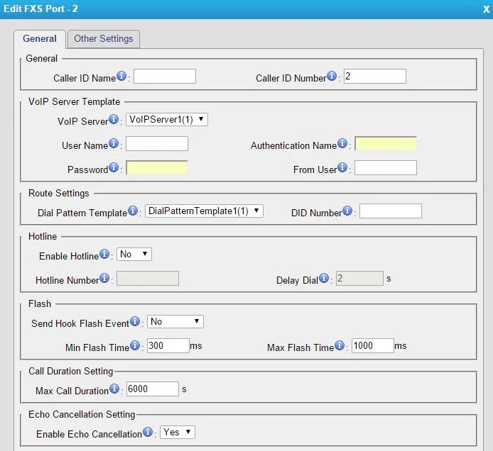The Edit FXS Port dialog of a Yeastar TA gateway: Caller ID Name/Number, VoIP Server, User Name, Authentication Name, Password