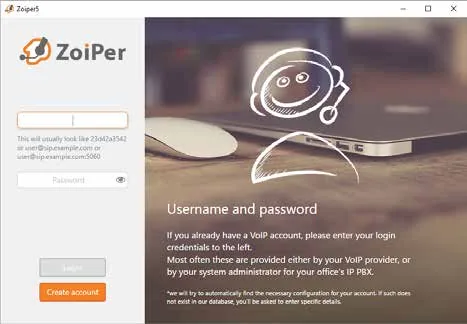 Zoiper 5: the first wizard screen — the username field with the user@sip.example.com hint and the Password field