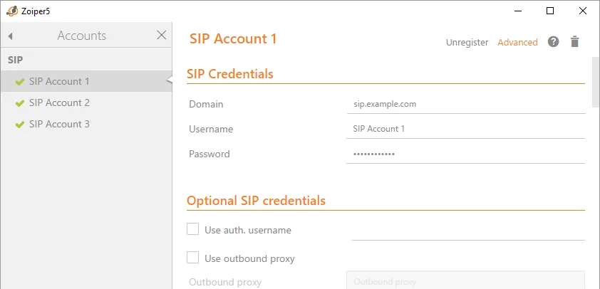 Zoiper 5: the SIP Account 1 window — Domain, Username, Password fields and unticked Use auth. username and Use outbound proxy
