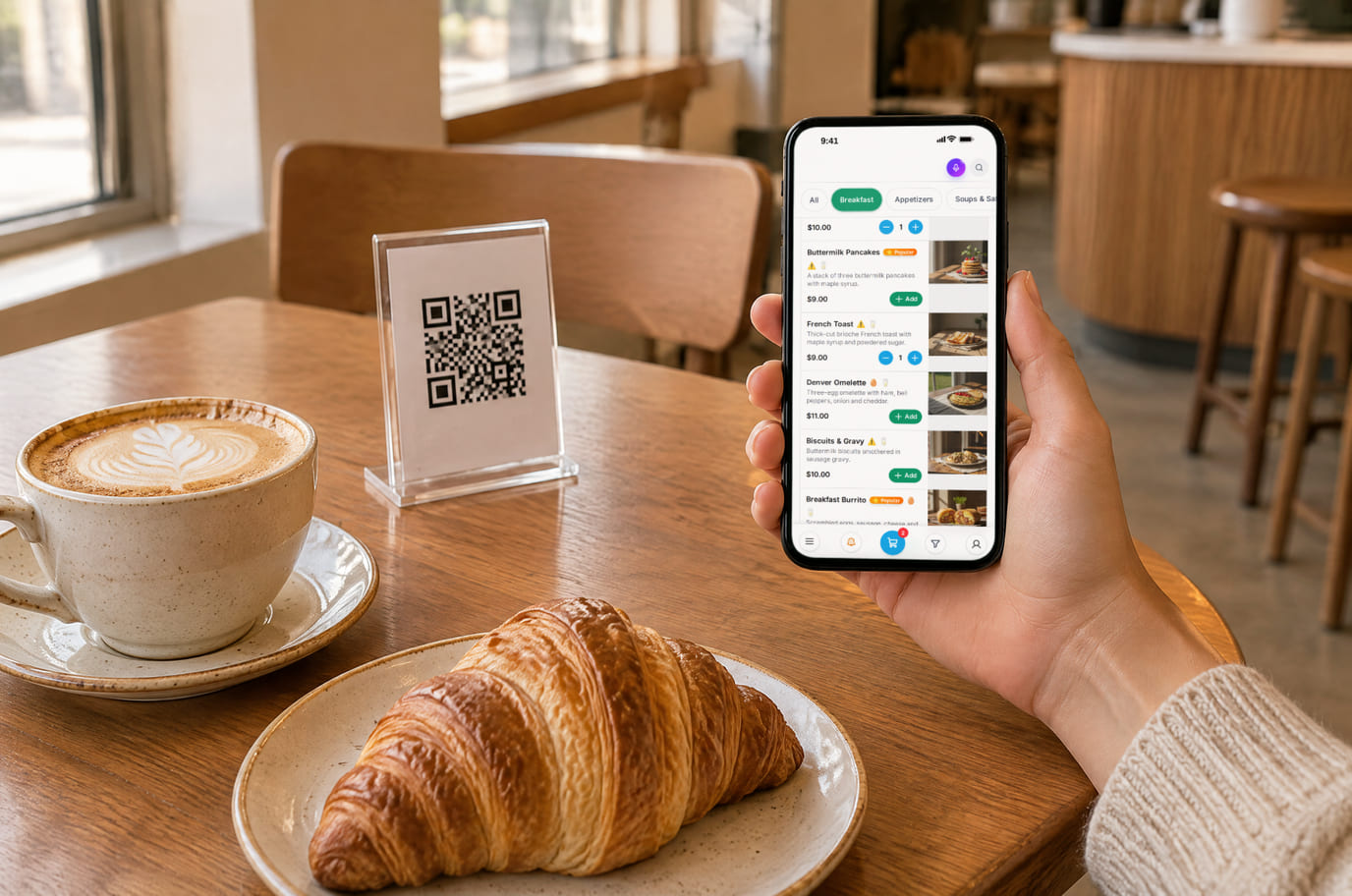 A coffee shop guest holds a phone with the QR menu open above a table with a cappuccino and croissant