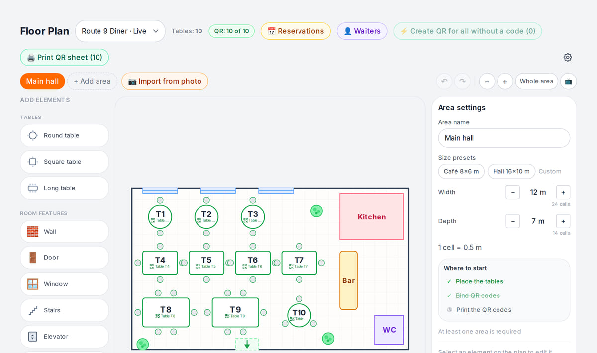 Floor plan in the dashboard with tables of different sizes and a Reservations button in the header