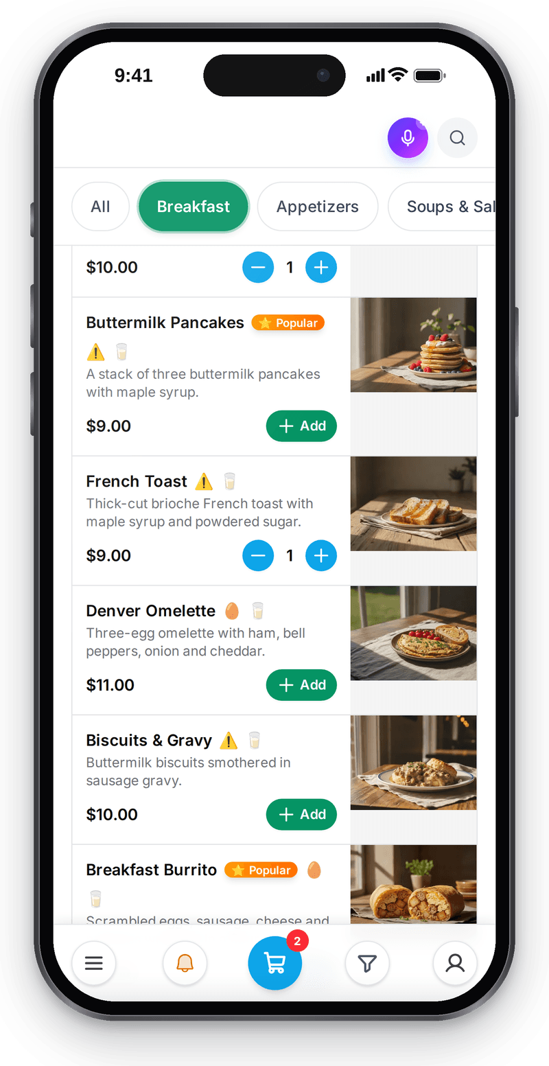 QR menu on a phone: items with photos and prices, quantity steppers and a cart with two items