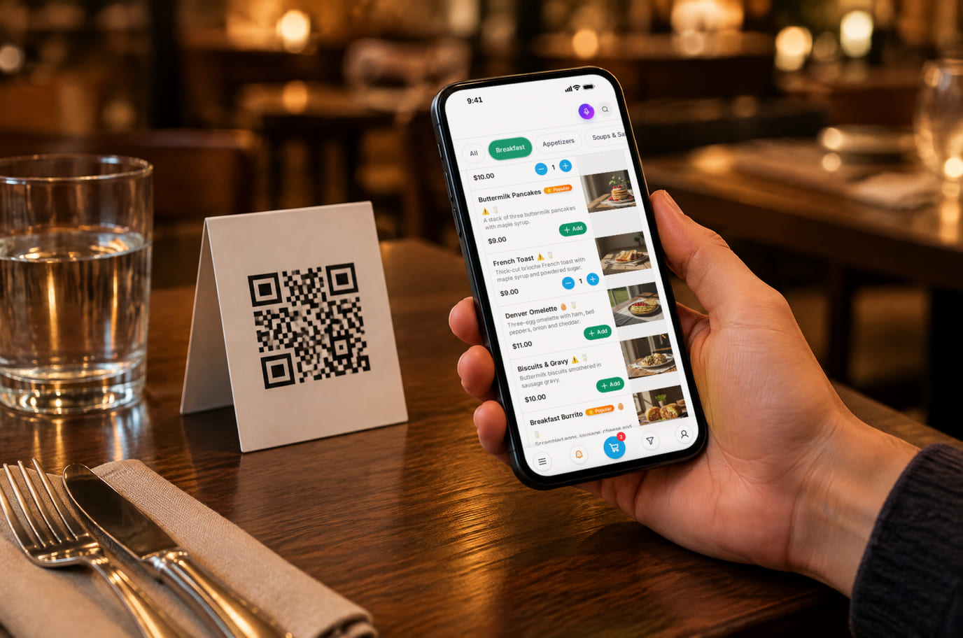 A guest scans the QR card on a restaurant table and the venue's menu opens on the phone
