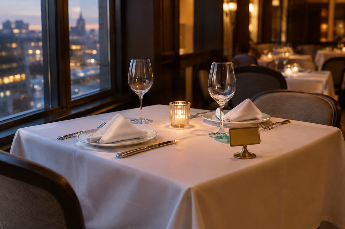 A table for two set by the window with a candle and a reserved sign, waiting for evening guests