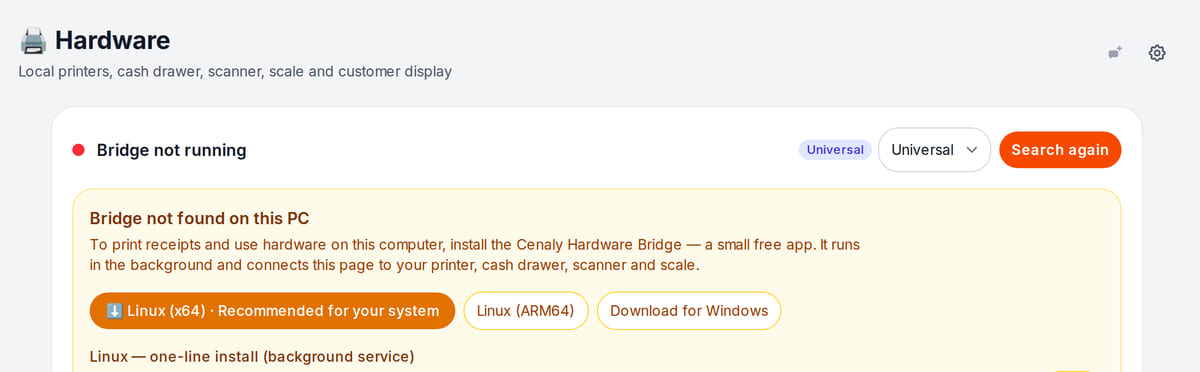 Hardware section of the back office: the bridge is not found yet, with download buttons for the bridge app for Linux and Windows