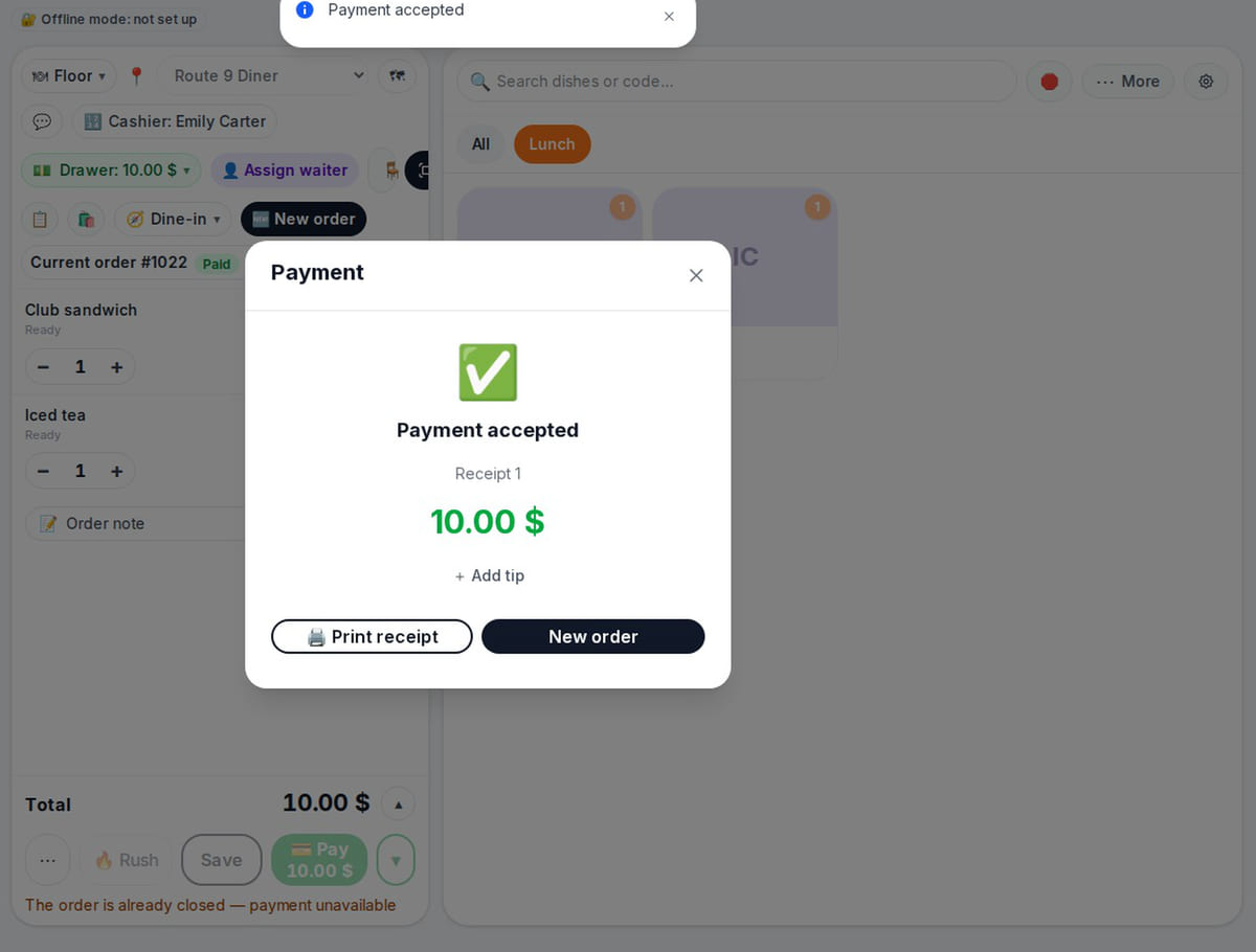Restaurant POS order: items saved, the kitchen marks it ready, open orders show Ready, cash payment — Payment accepted, receipt 1