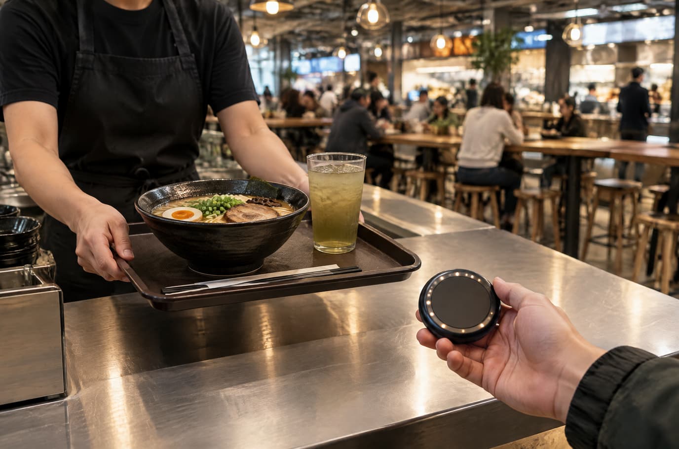 A noodle counter worker hands a guest a tray with ramen and a drink while the guest holds a pickup pager