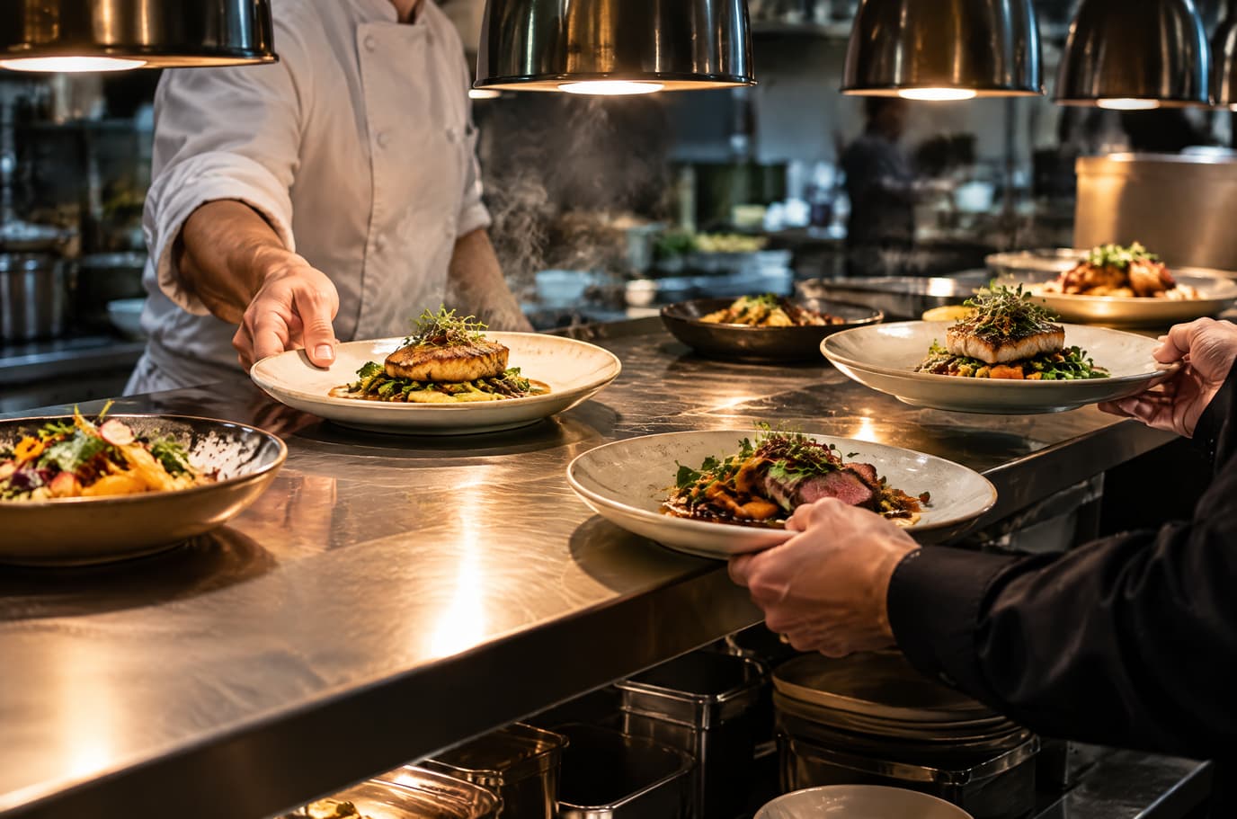 At the pass a cook sets down a finished dish while a waiter picks up two plates for the dining room