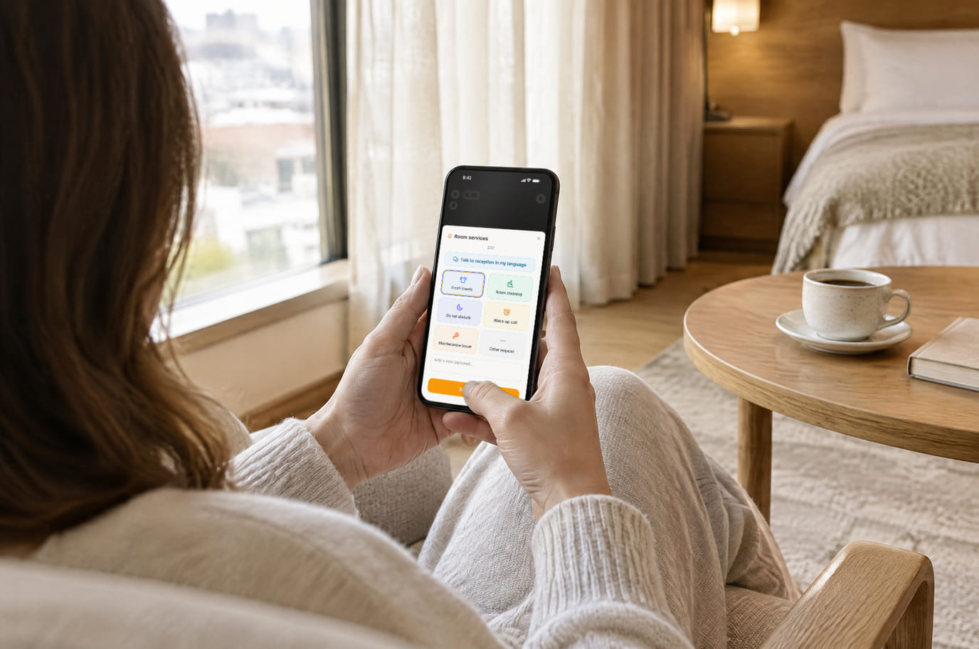 A guest in the room on a phone: the “Room services” sheet with “Talk to reception in my language”