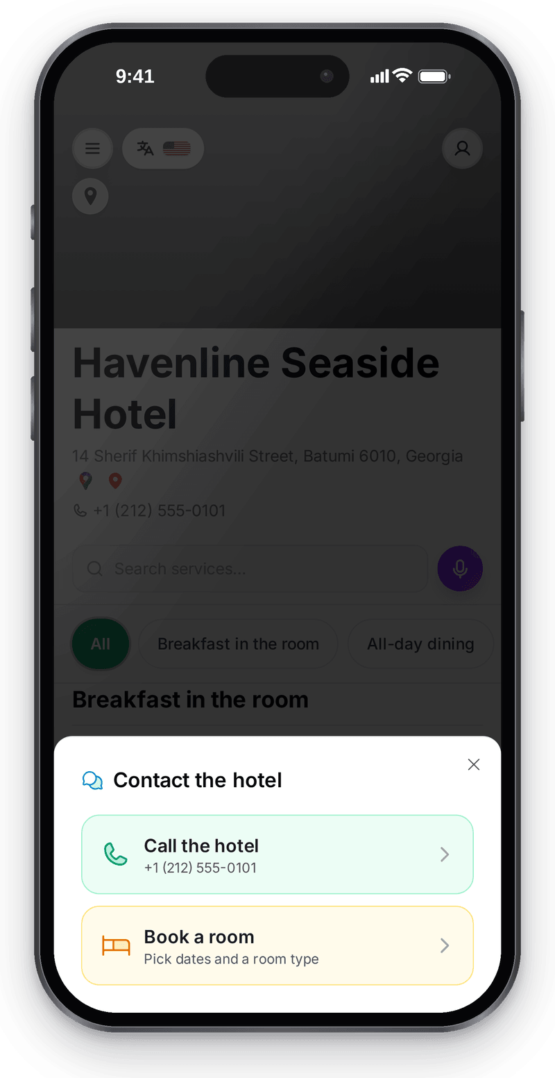“Contact the hotel” sheet: call the hotel or book a room