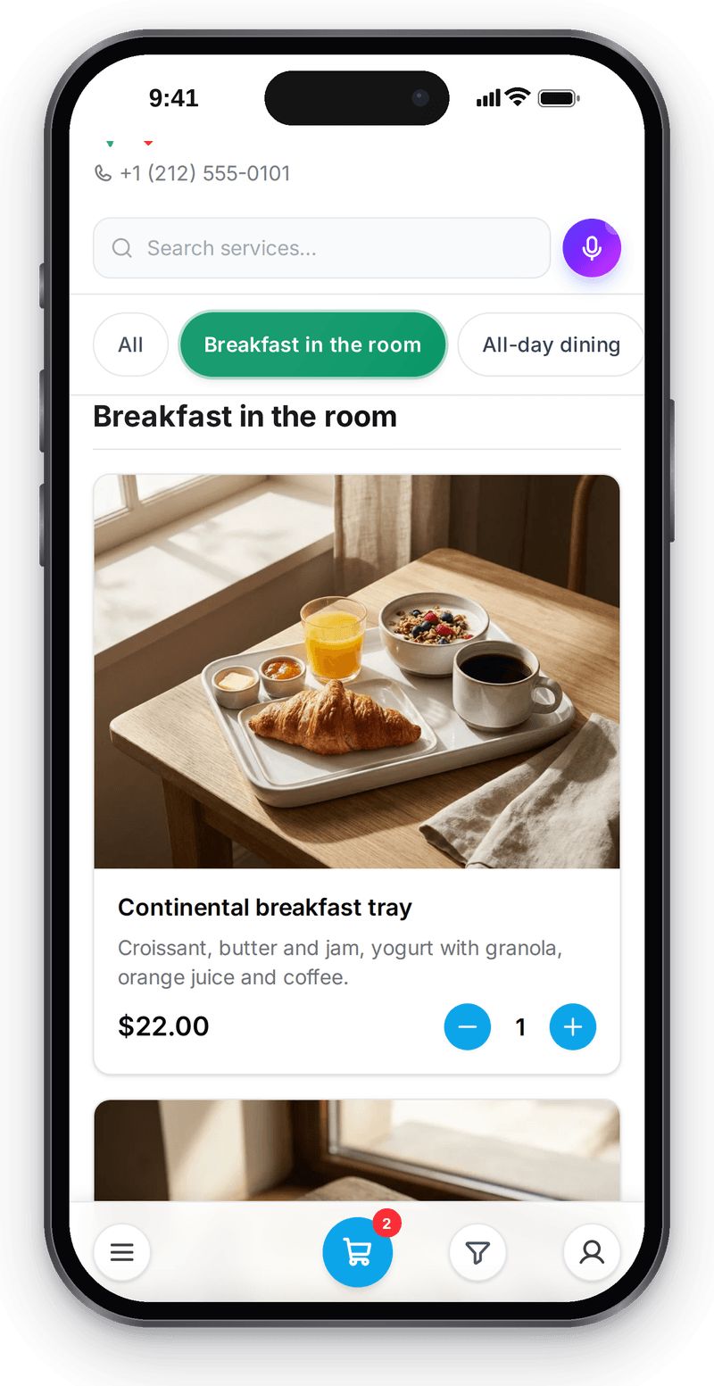 Hotel restaurant menu on the guest's phone with in-room ordering and prices