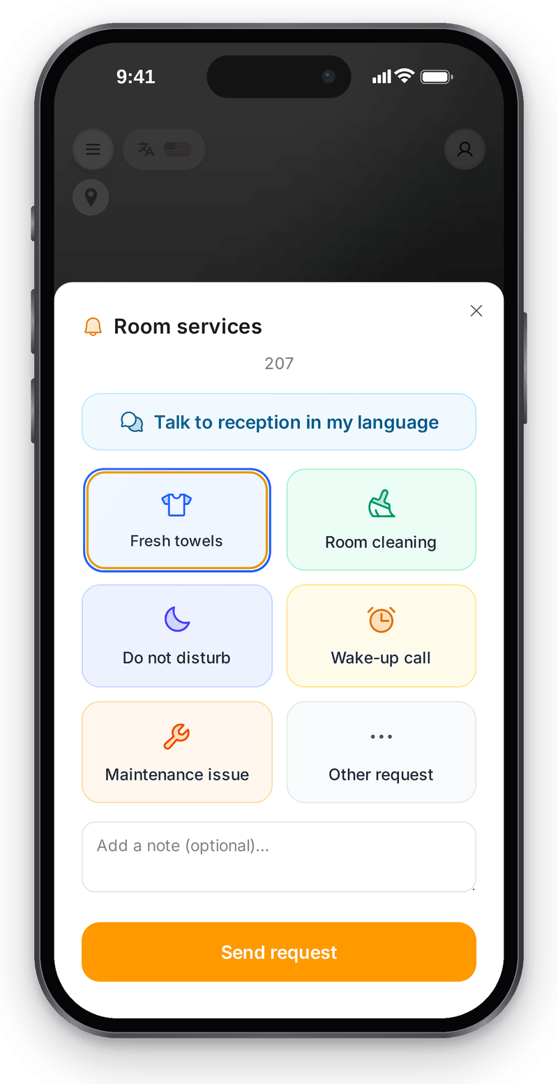 Room app on the guest's phone: request towels, cleaning and other services from the QR inside the room