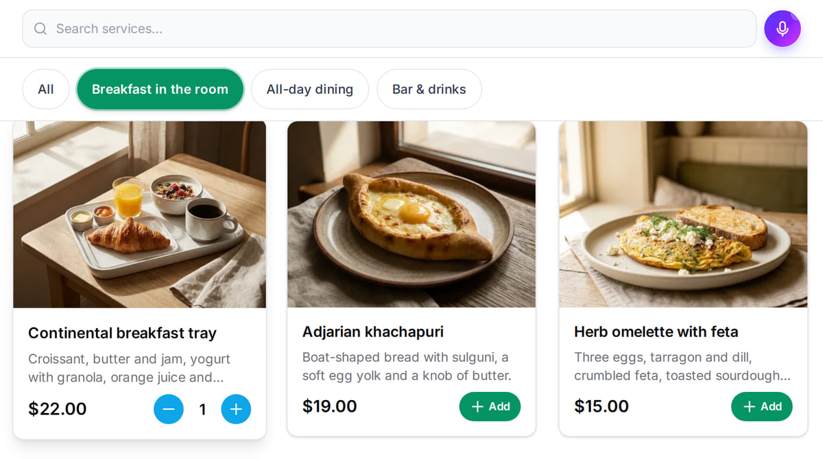 Hotel room-service menu on the website: breakfast in the room, all-day dining, bar; “Add” buttons