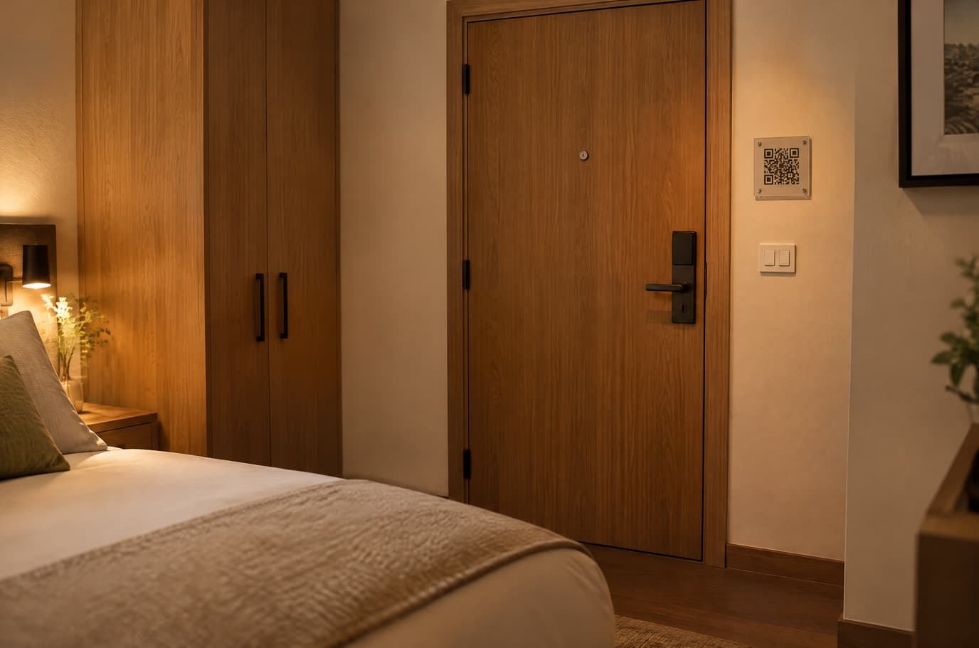 A QR plaque on the wall inside a hotel room, by the entrance door next to the light switch