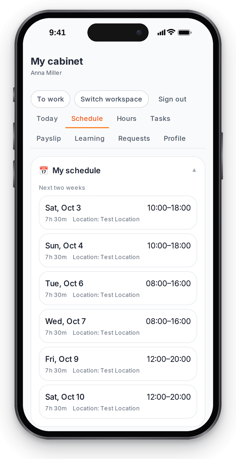 Employee schedule on the phone: shifts for the next two weeks with hours and location