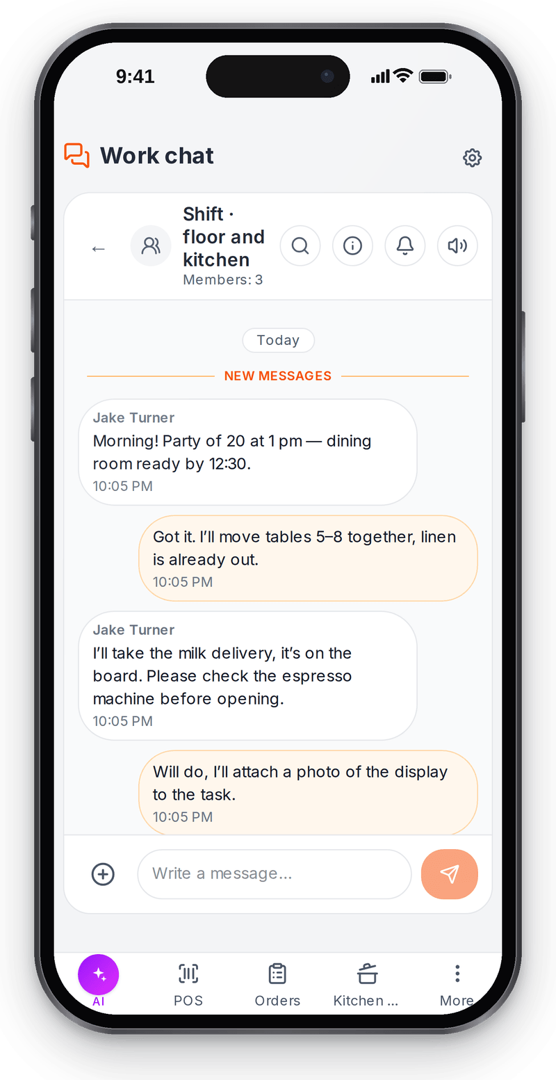 Shift group chat on the phone: the manager and a waitress agree on a party booking