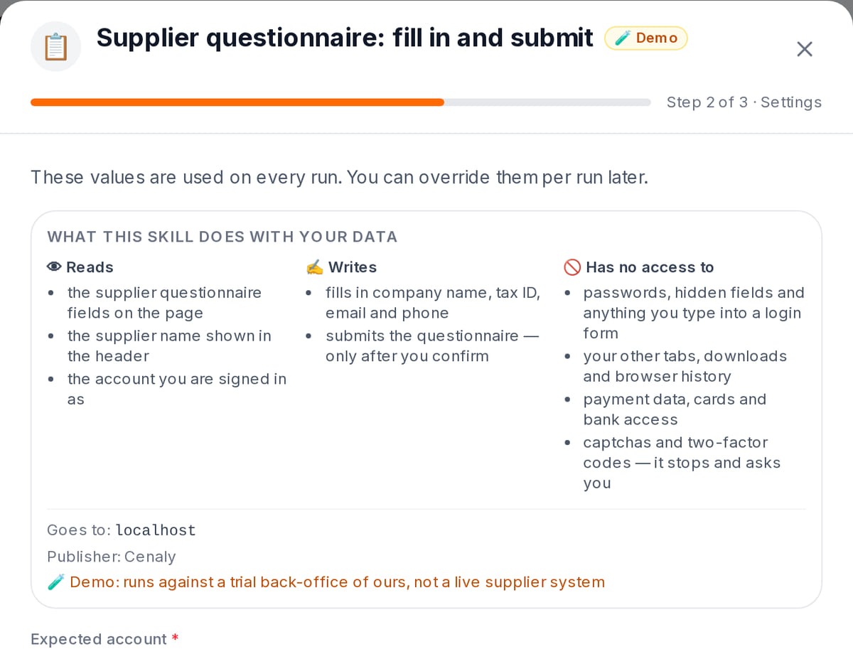 Supplier questionnaire skill setup: what it reads, what it writes and what it cannot access, the site it goes to and the Demo label