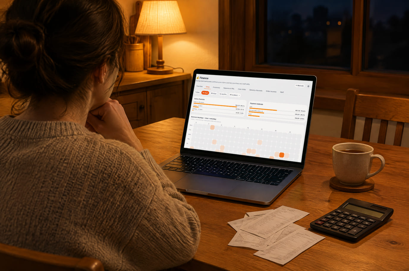 A business owner reviews sales on a laptop at the kitchen table in the evening: the screen shows the Sales tab in Finance, with receipts and a calculator nearby
