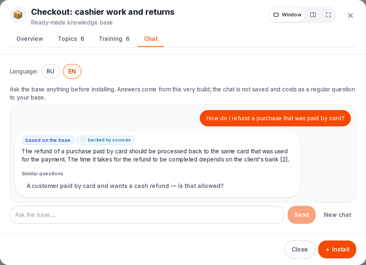 Knowledge base chat: a cashier’s refund question and an answer from the base documents with a sources label
