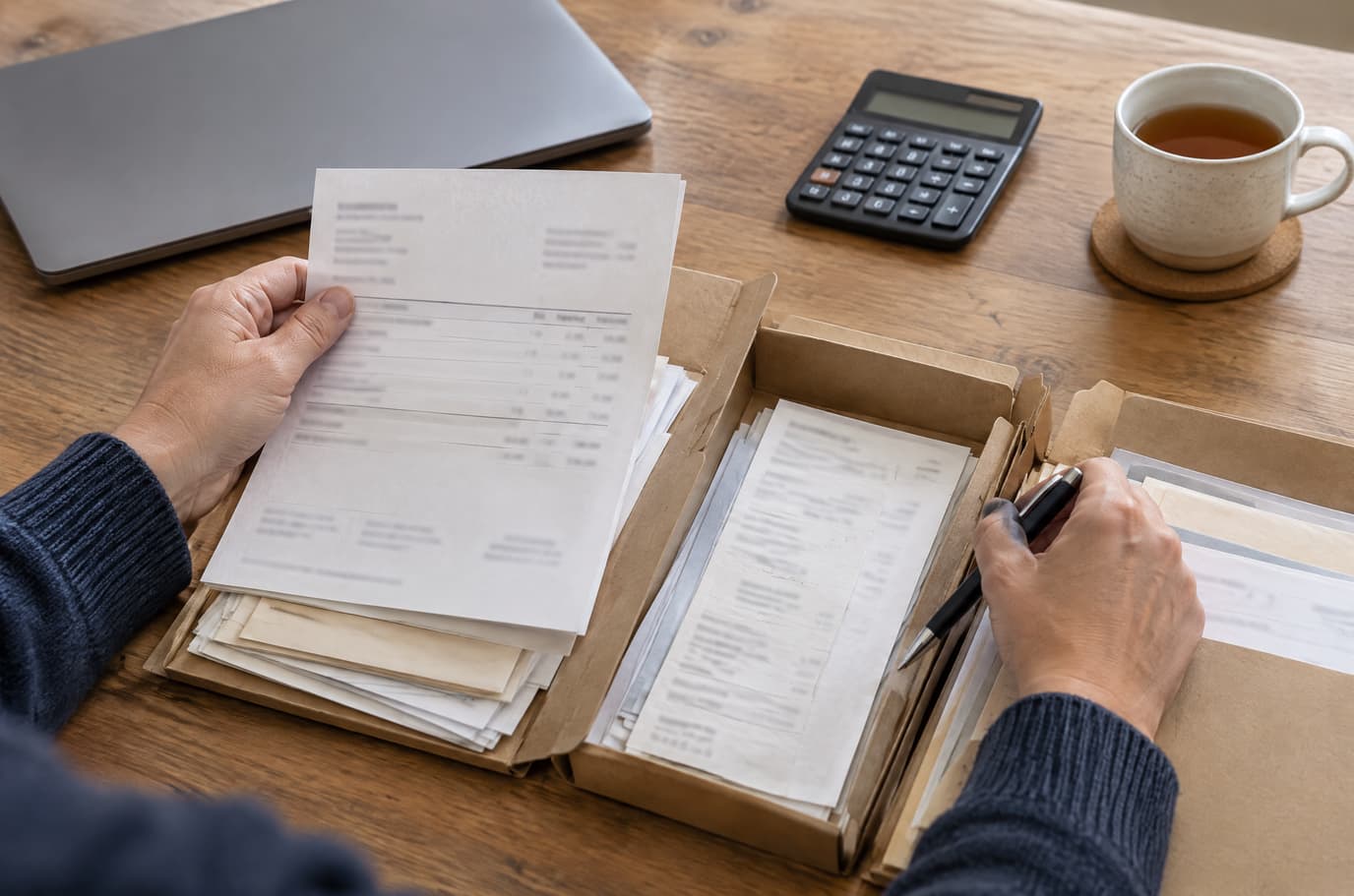 A business owner’s hands sort supplier invoices and bills into folders next to a calculator and a closed laptop