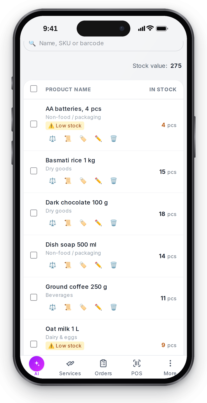 Stock levels in the Cenaly back office on a phone: a product list with quantities and a Low stock flag