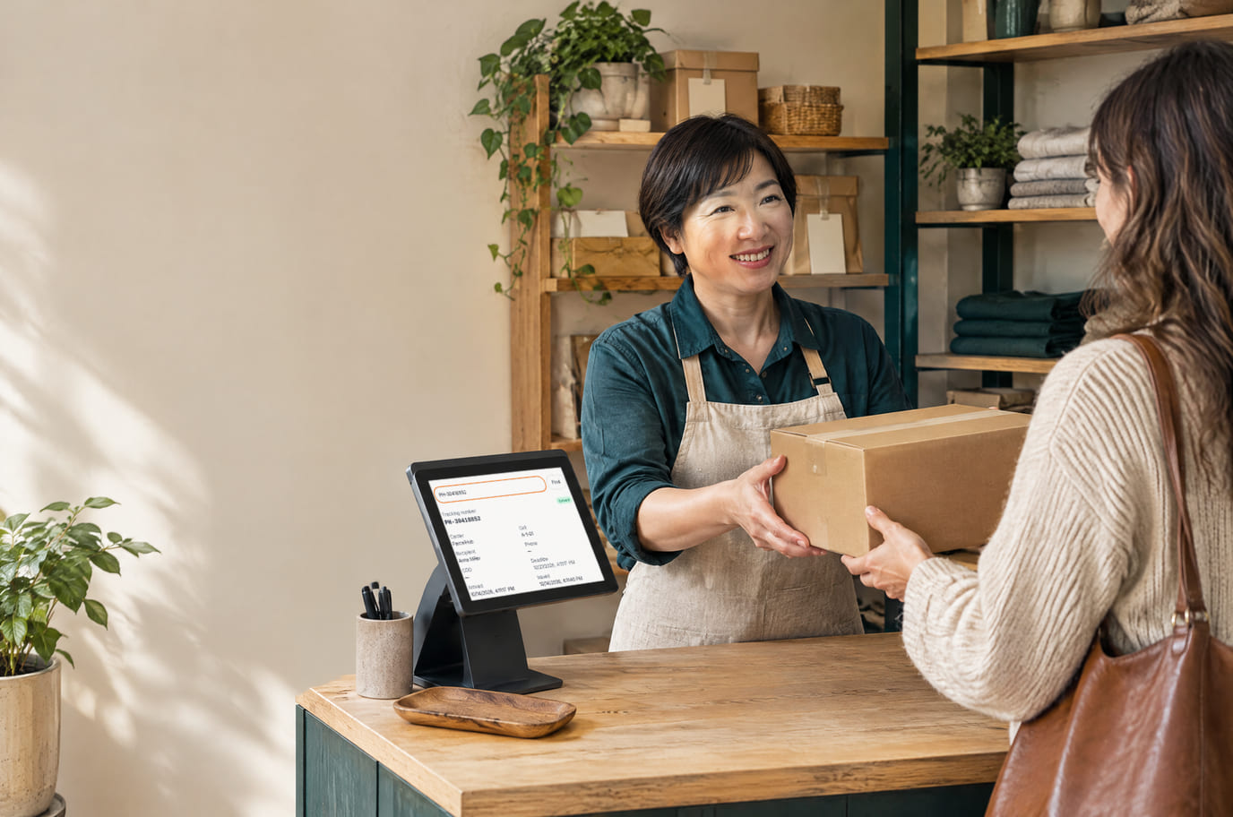 A pickup point worker hands a box to a visitor; the counter monitor shows the parcel card marked Issued