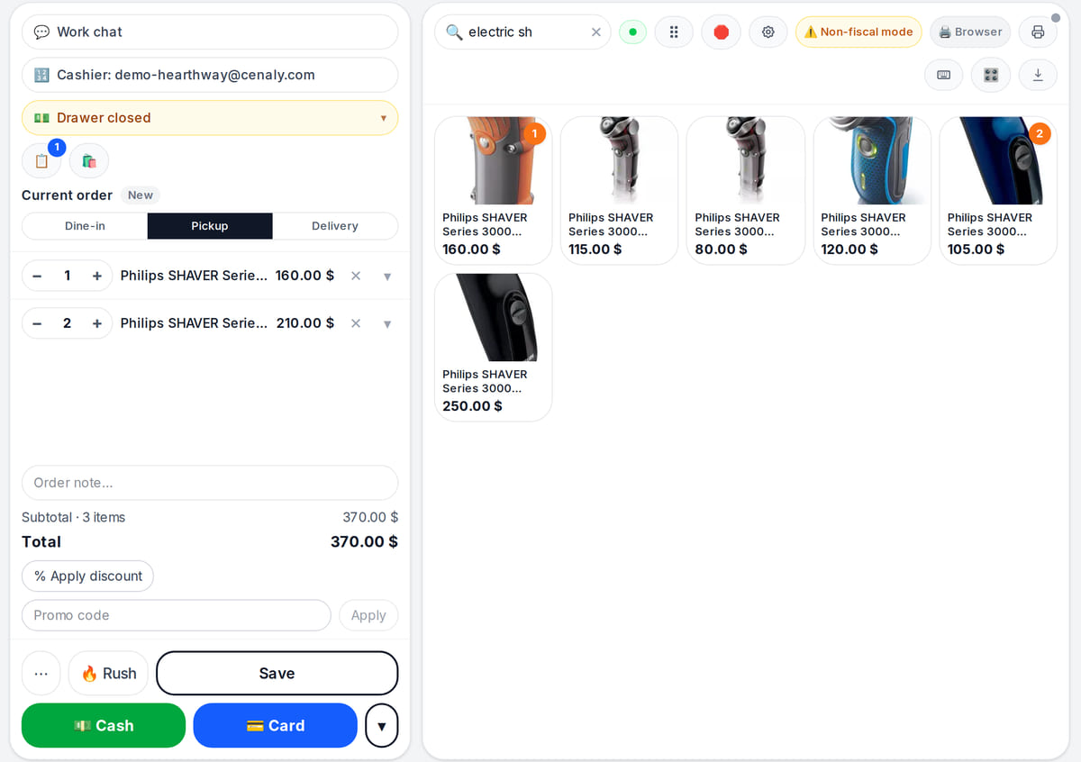 Cenaly POS for a shop: product search by name, shaver tiles with photos and prices, a three-item receipt and the Pay button on the right