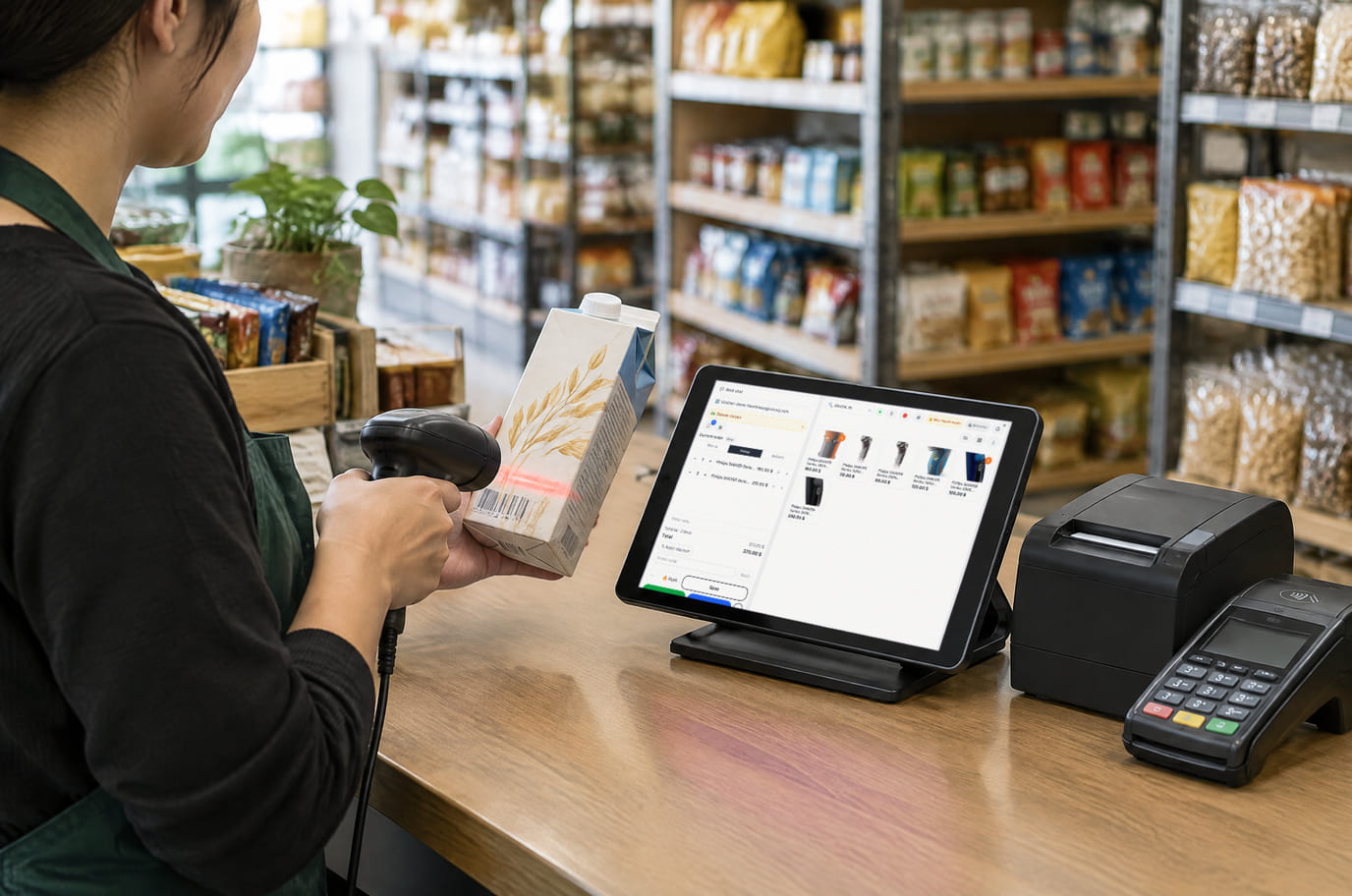 A shop assistant at the counter rings up a purchase on a tablet running Cenaly POS while the customer waits