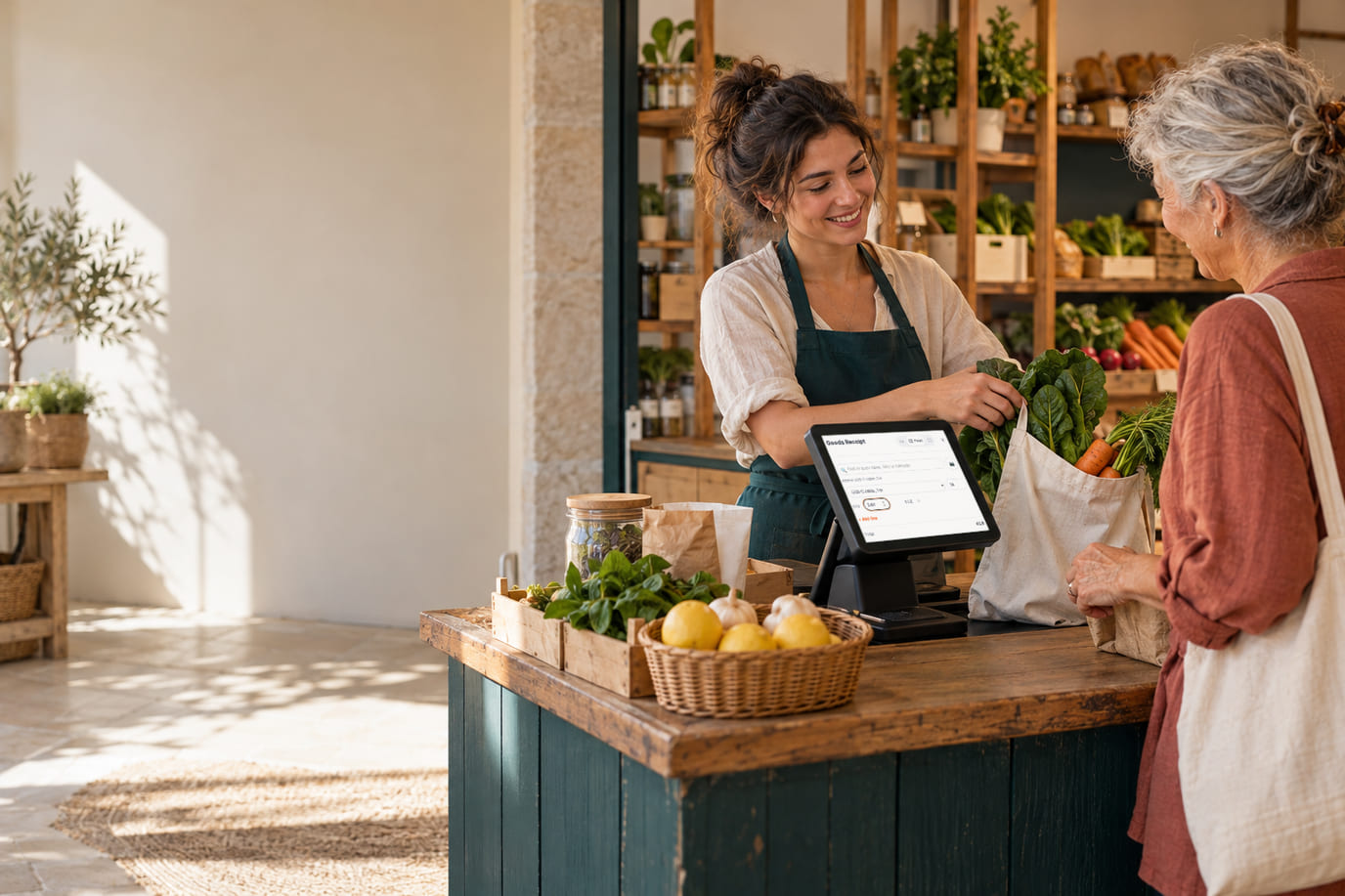 A shop assistant at a greengrocer's counter packs greens into a customer's bag; the tablet shows a goods receipt form