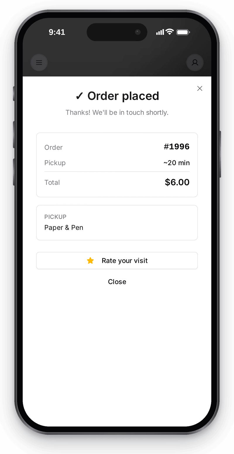 Online store order: an item in the cart, pickup with payment on collection, order placed — the number is saved and the seller sees the order