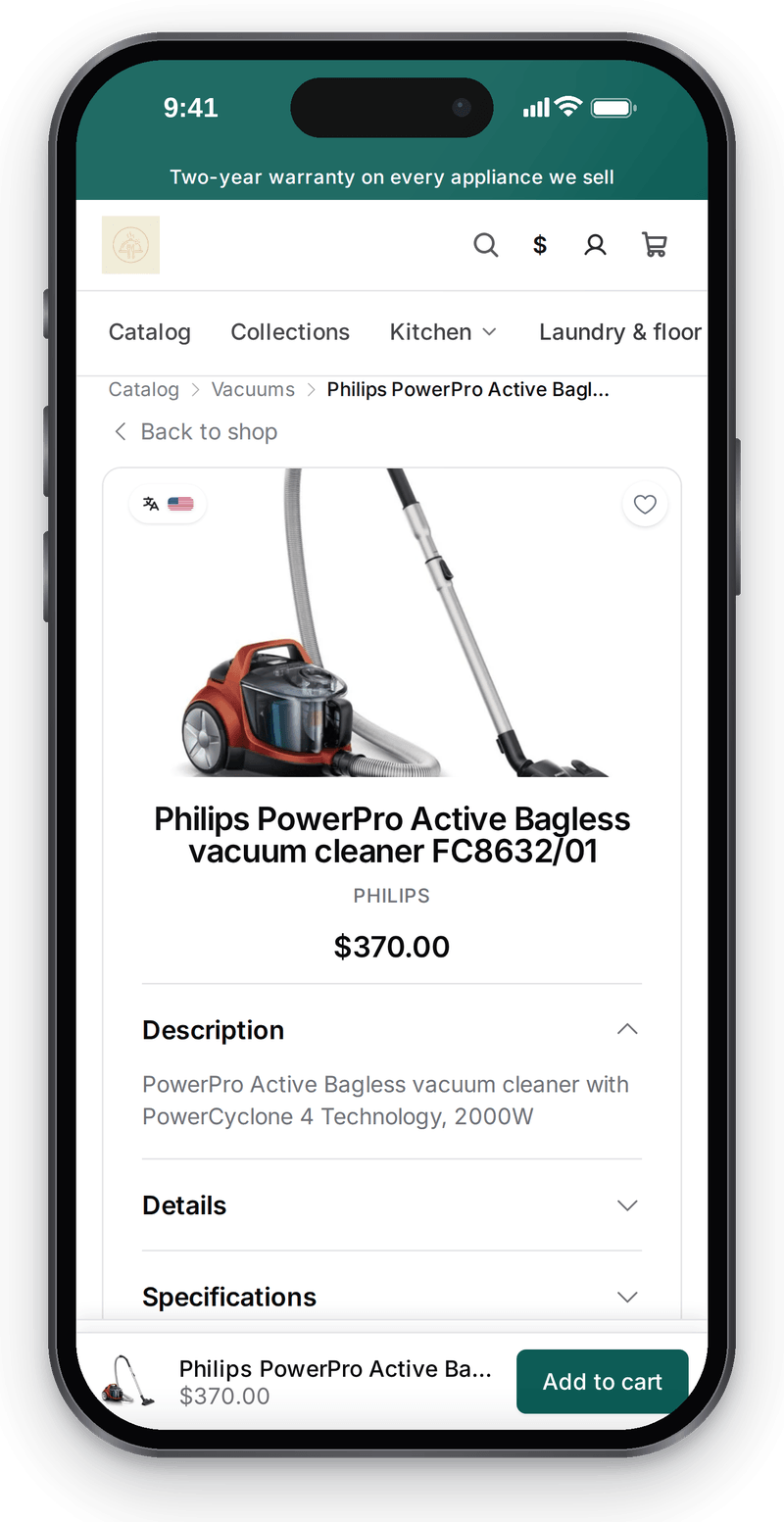 A product page in the online store on a phone: vacuum photo, price, description and the add-to-cart button