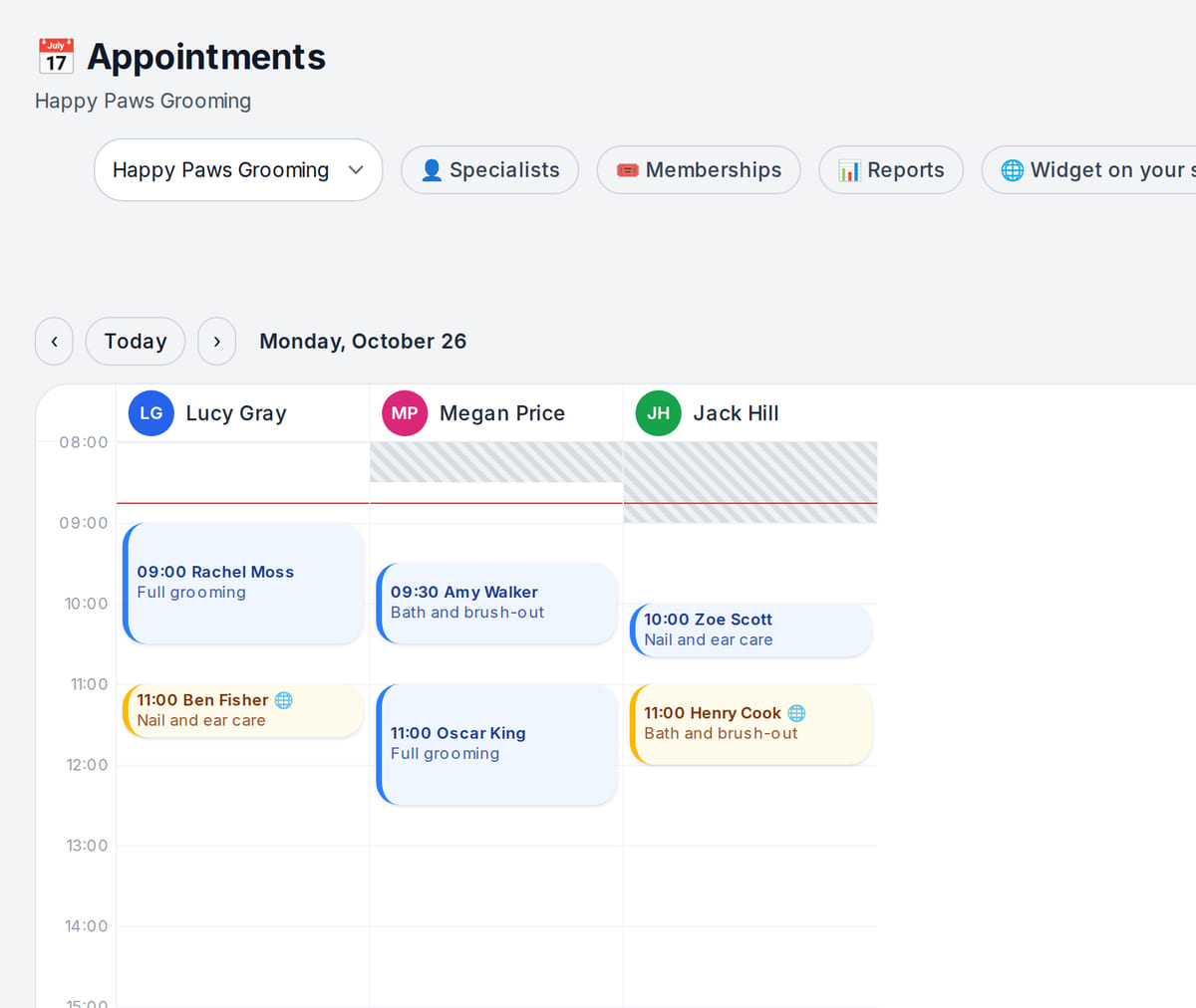 Grooming salon booking journal: a column per groomer with full grooming, bath and nail trim visits by time