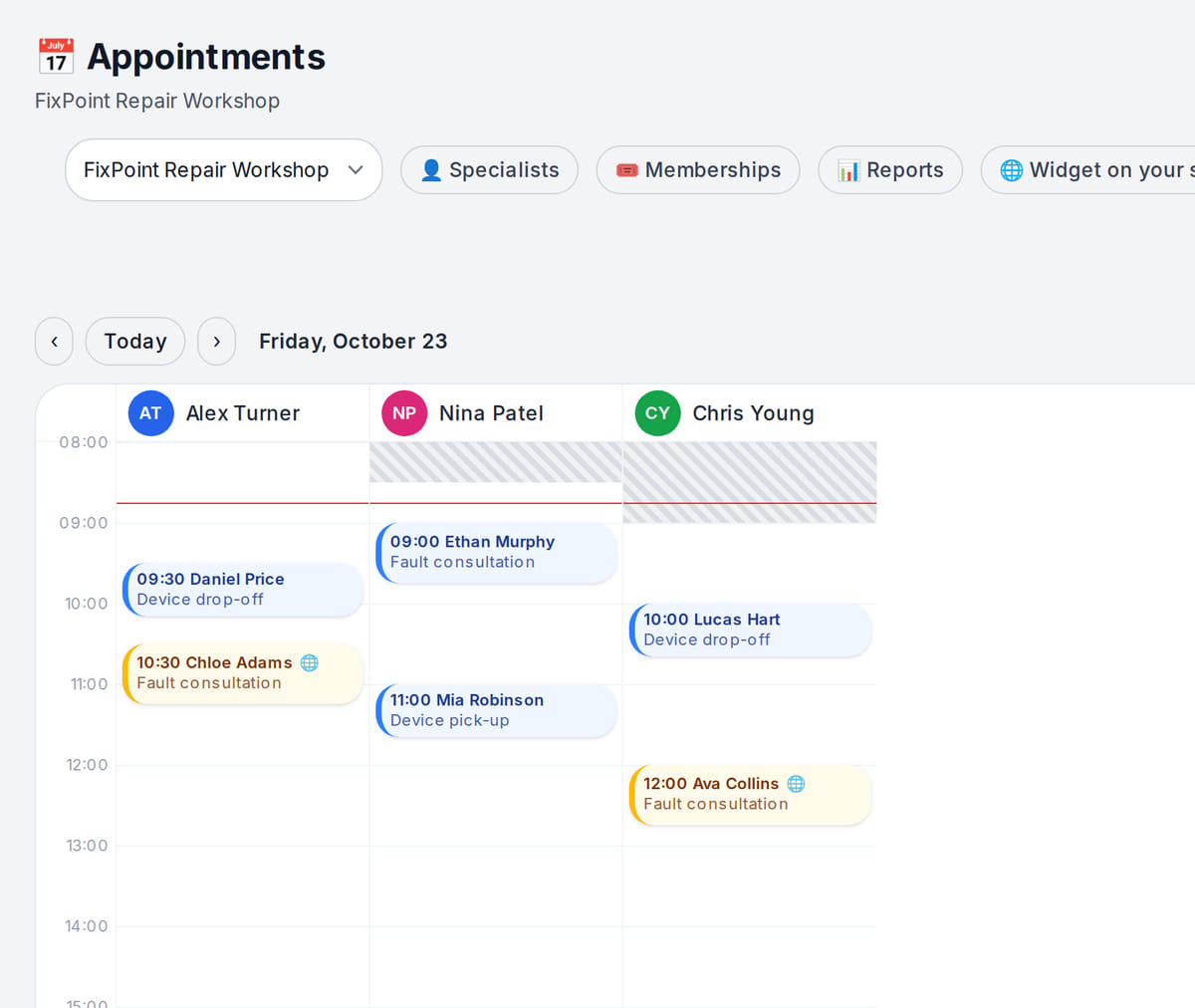 Repair workshop booking journal: a column per staff member with device drop-offs, consultations and pick-ups by time