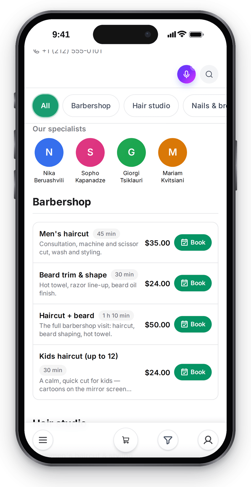 Booking page on a phone: specialists, services with duration and price, and a Book button for each service