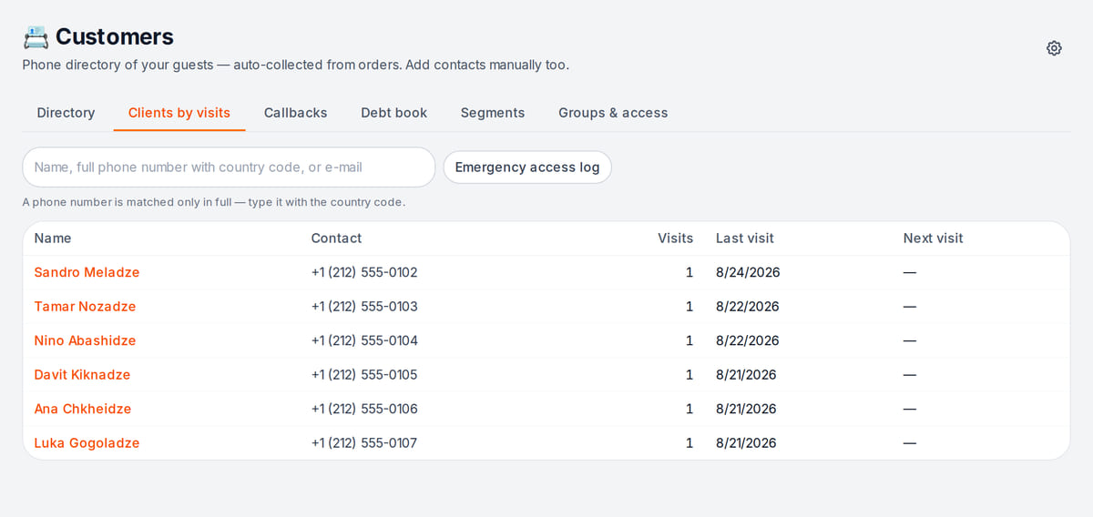 Salon client list: name, phone, number of visits, last and next visit dates