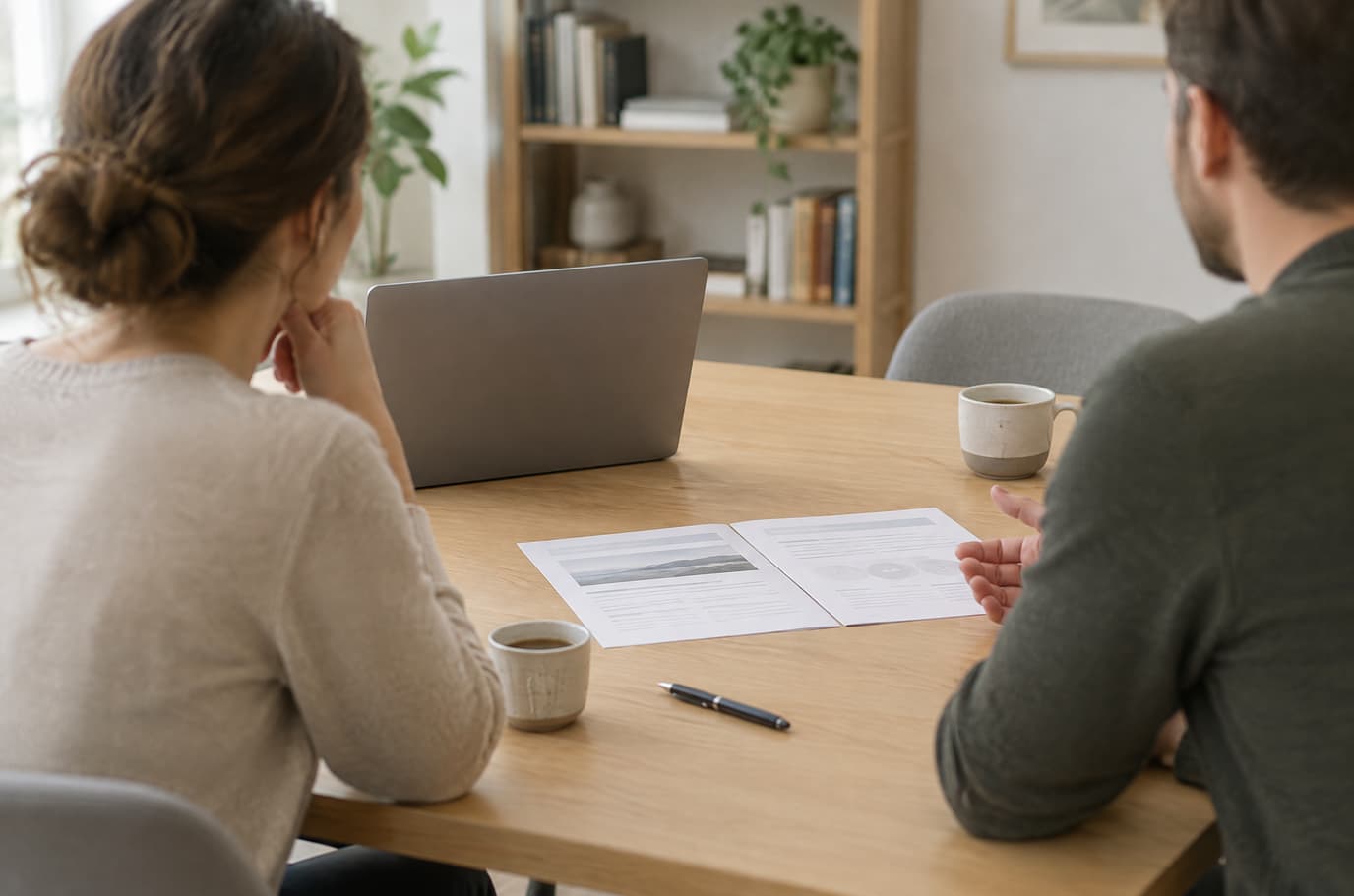 A consultant and a client at a table discussing a printed proposal next to an open laptop