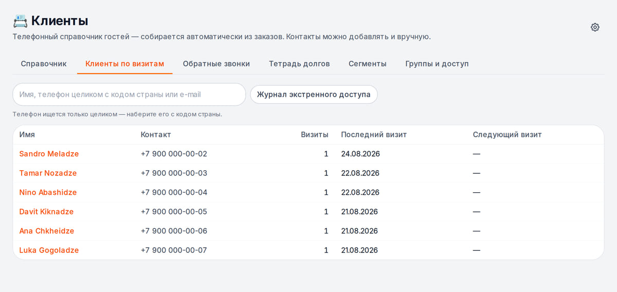 Список клиентов салона: имя, телефон, число визитов, дата последнего и следующего визита