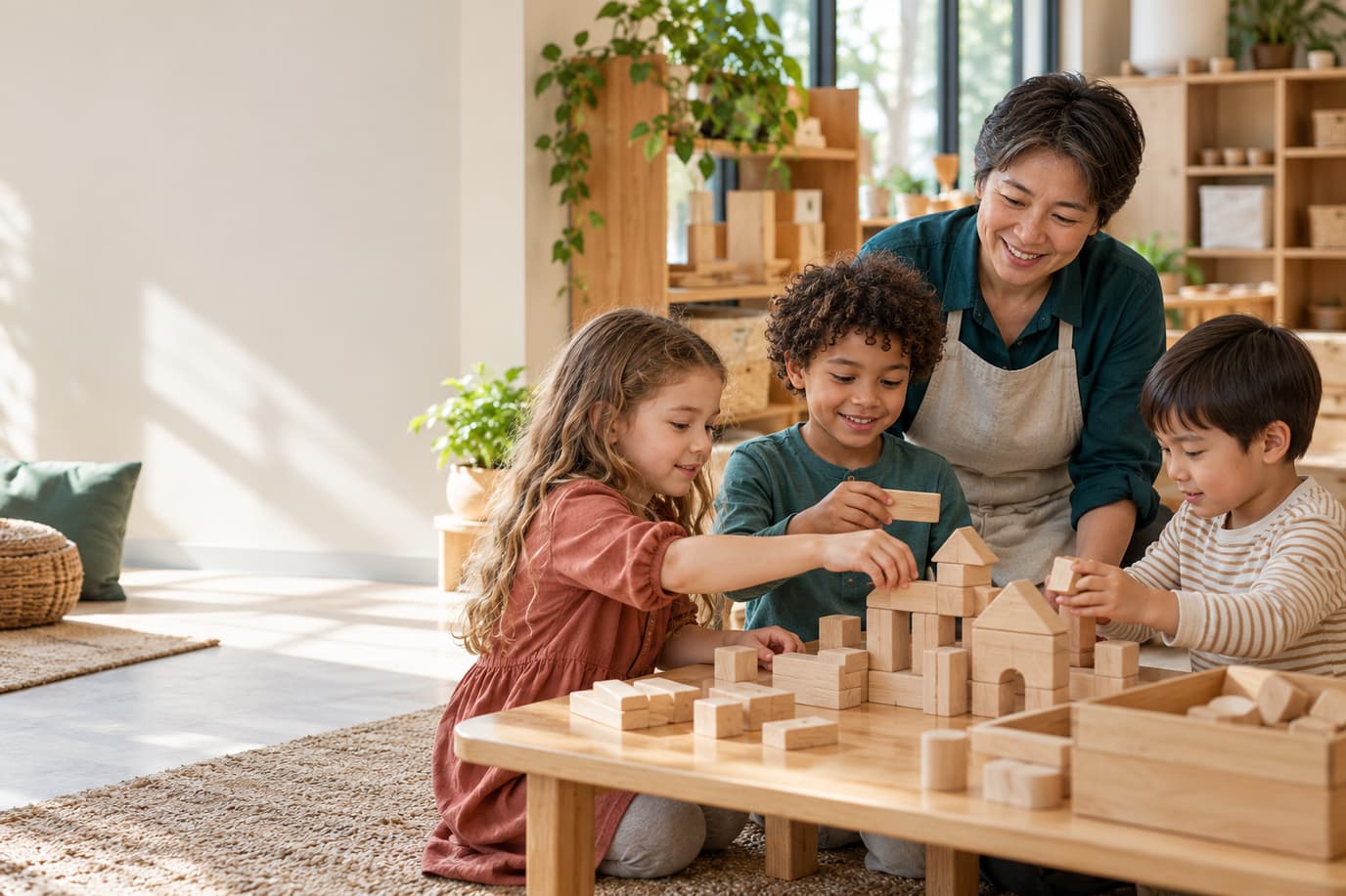 A teacher and three children build wooden shapes together at a shared table in a bright classroom