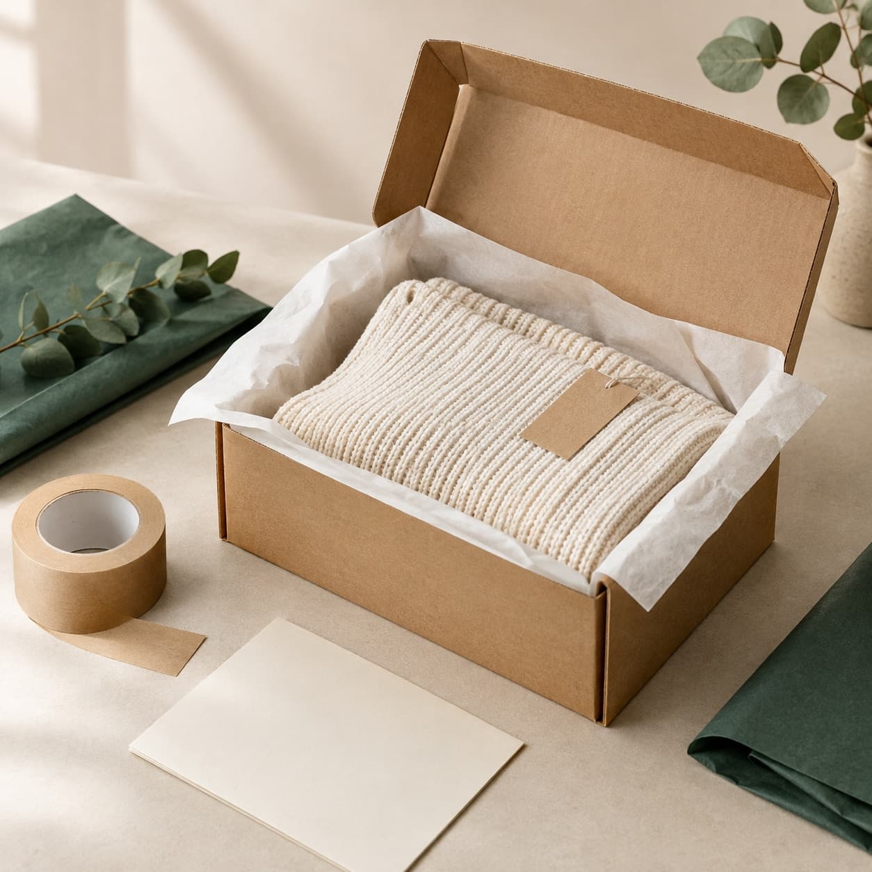 An open cardboard box with a sweater in tissue paper, packing tape and a blank card on a packing table
