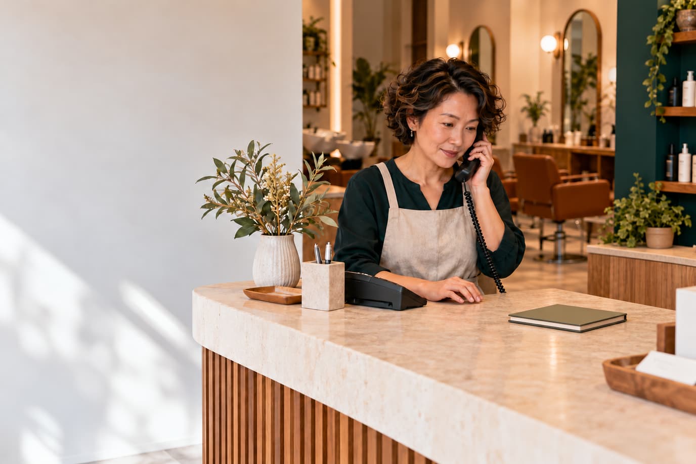 A salon receptionist talks on the phone at a light-coloured front desk