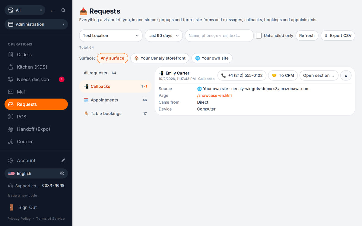 A callback request in the workspace Requests section: name, phone, website page and traffic source