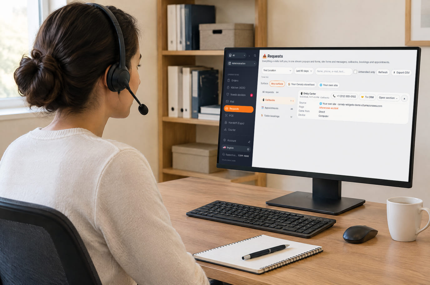 An administrator in a headset returns a call: the monitor shows the Requests section with a callback request from the website