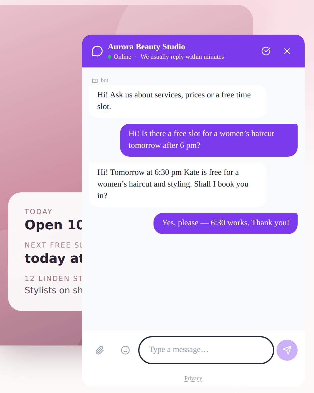 A chat on a beauty studio website: a visitor asks about a free slot and gets a reply offering a 6:30 pm booking