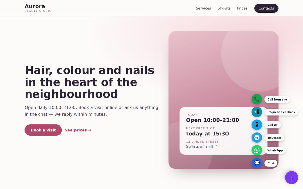 A beauty studio website on a laptop with the multibutton open: call from site, callback, phone, Telegram, WhatsApp and chat